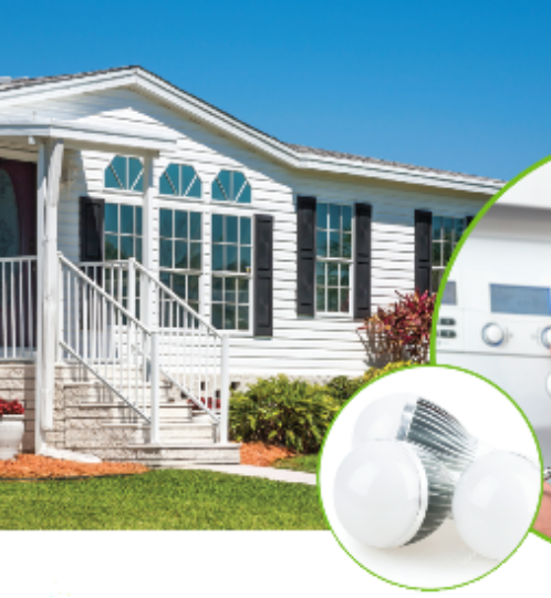 Front view of a white suburban house with a small porch and green lawn; inset shows a technician adjusting a thermostat and a close-up of a light bulb.