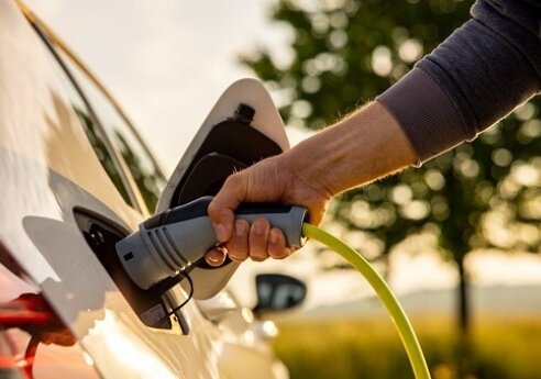Close-up of a hand plugging in an electric car charger to a white car, outdoors with a green charging cable and blurred trees in the background.