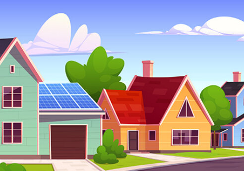 Colorful suburban street with pastel houses; solar panels on the left roof, green trees, blue sky and fluffy clouds.