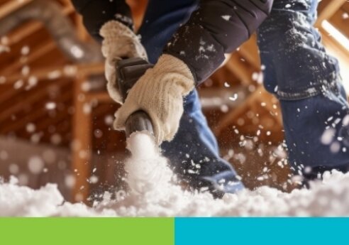 Person wearing gloves and blue pants shovels snow outside under a wooden roof, with snowflakes drifting in the air.