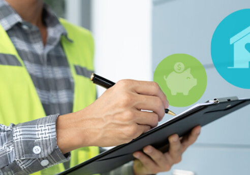 Person wearing a neon safety vest and plaid shirt writes on a clipboard, with blue house and green piggy bank icons hovering nearby.