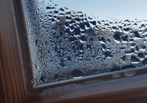 Close-up of a window with condensation and many droplets on the glass, a wooden frame, and a pale blue sky visible outside.