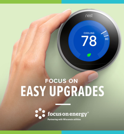 Close-up of a hand adjusting a Nest thermostat with a blue display showing 78 cooling on a pale green background; bold text "FOCUS ON EASY UPGRADES" and energy logo.
