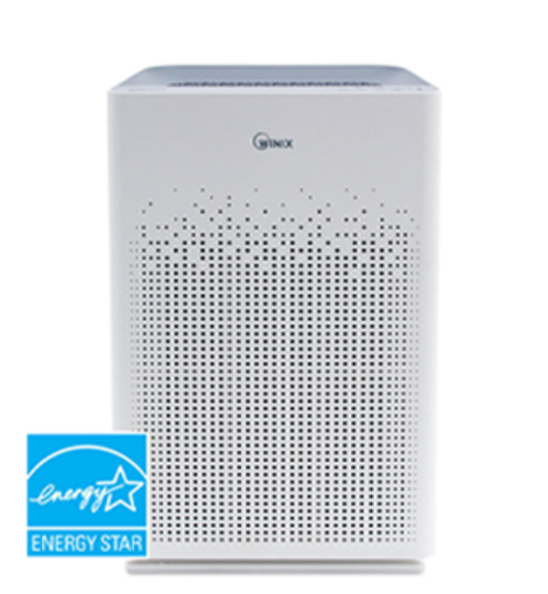 Black compact projector on the left, white air purifier in the center, and a black cylindrical smart speaker on the right, with Energy Star badge.