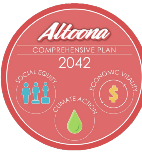 Pink circular badge with white border and 'Comprehensive Plan 2042'; features icons for social equity, climate action (green leaf), and economic vitality (dollar sign).