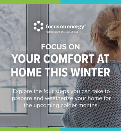 Back view of a person with a ponytail in a chunky knit sweater, gazing out a snowy window; white text promotes focusing on home comfort this winter.