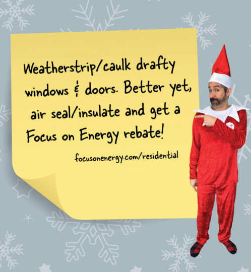 Person in a red elf costume points to a yellow sticky note with energy-efficiency tips and a rebate link, set on a light blue snowflake background.