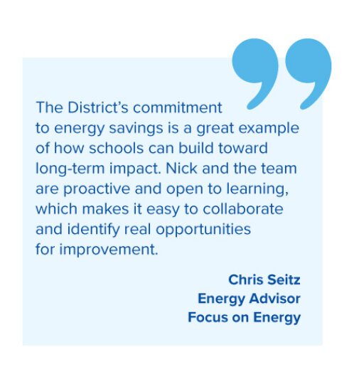 Light blue quote box with large blue quotation marks; text about a district's energy savings and collaboration, credited to Chris Seitz, Focus on Energy.