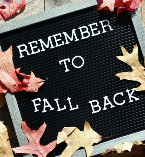 A black letter board with a gray frame on a wooden surface reads REMEMBER TO FALL BACK, surrounded by autumn leaves.