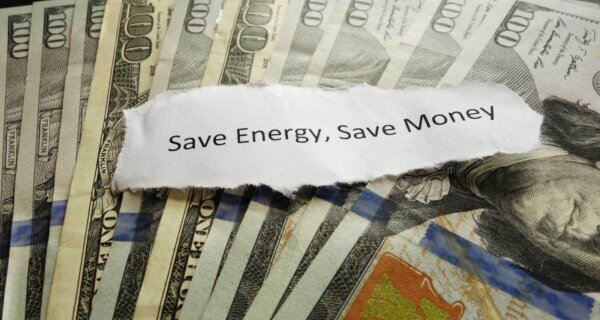 Fanned stack of US $100 bills with a torn white strip over them reading "Save Energy, Save Money."