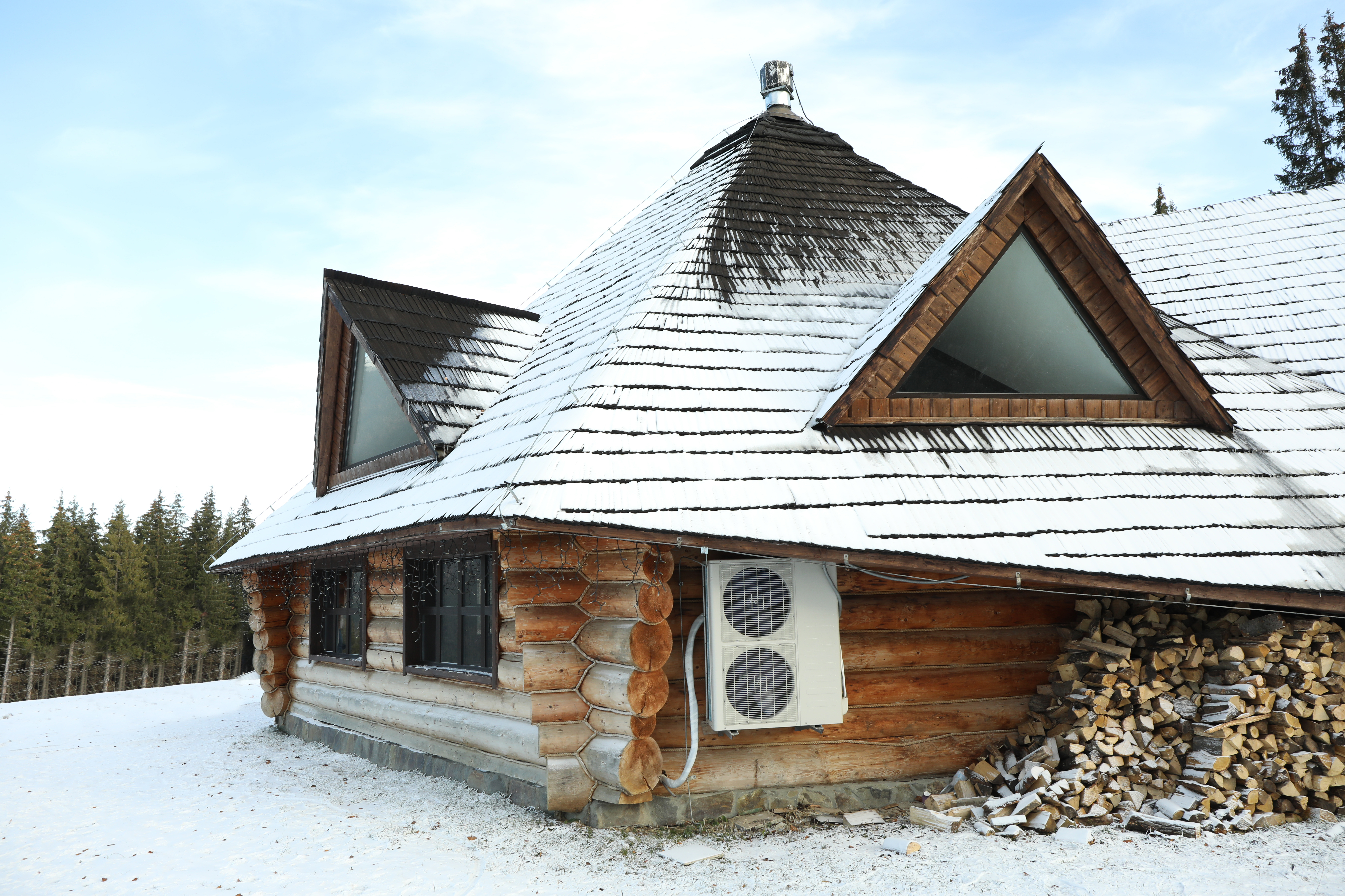 Home in winter with air source heat pump