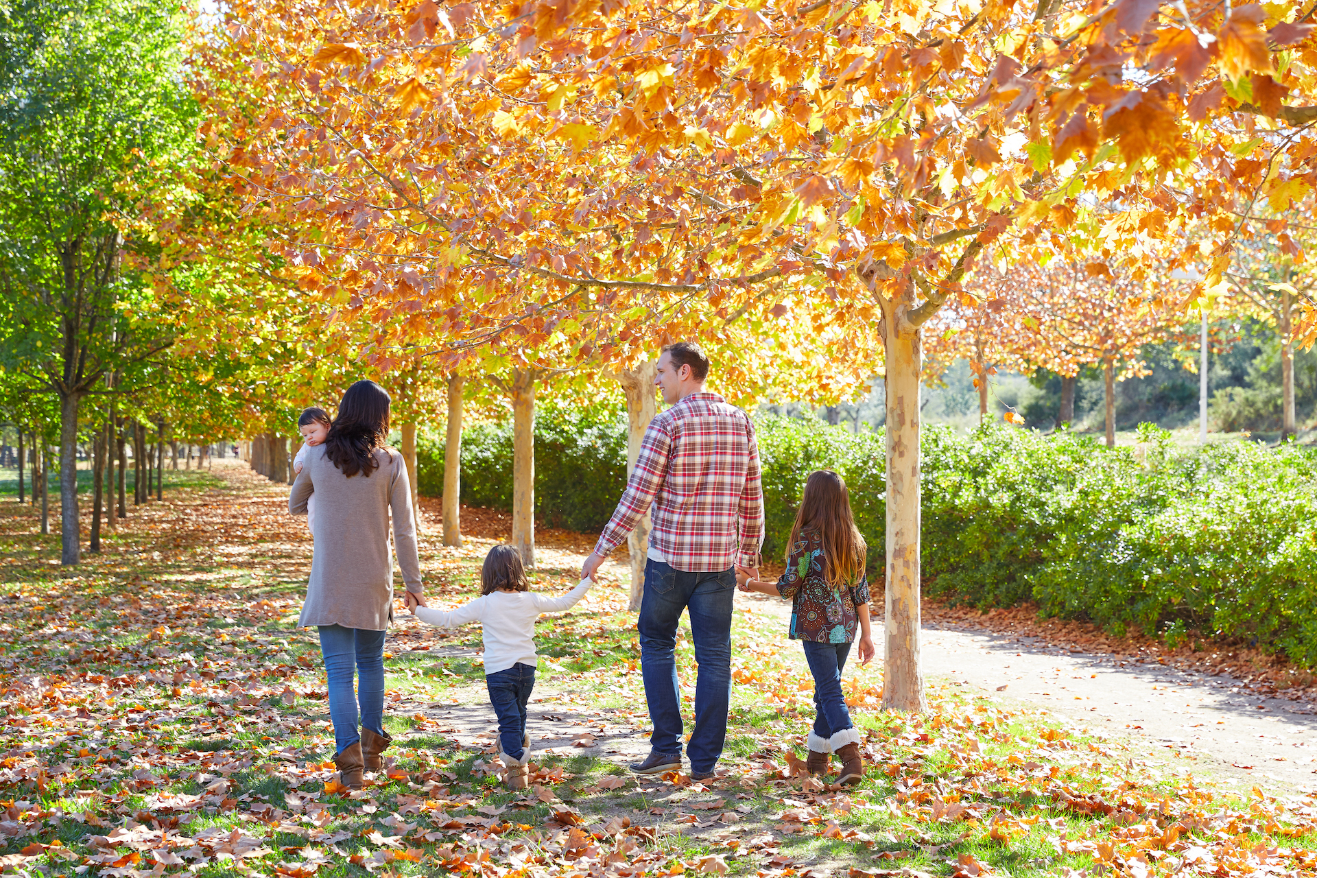Family walking outside on a path of leaves
