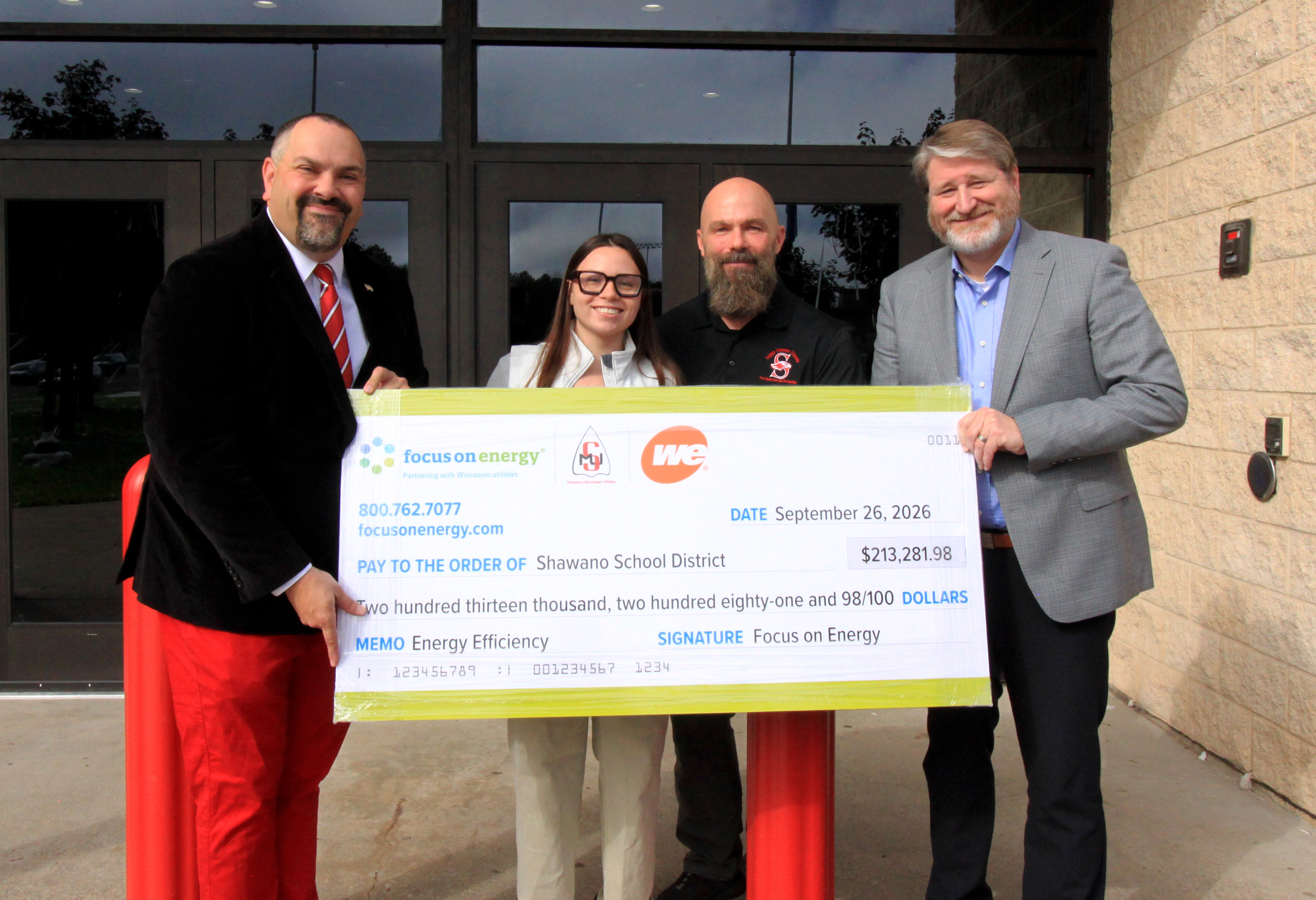 (Pictured L-R, Superintendent Kurt Krizan (Shawano School District), Sylvia Lopez (Focus on Energy), Shawn Mathwich (Shawano School District), Jody Andres (Hoffman Planning, Design and Construction, Inc.)