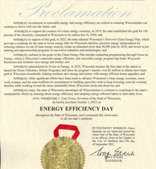 Official Wisconsin proclamation: state crest at top, dense legal text, bold Energy Efficiency Day, plus a gold seal with red ribbons and signatures.