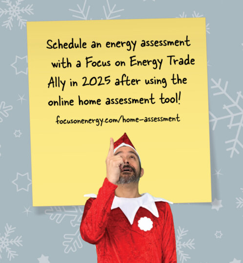 Person in a red Christmas outfit points upward at a large yellow note with energy assessment promo text, against a blue snowflake-patterned background.