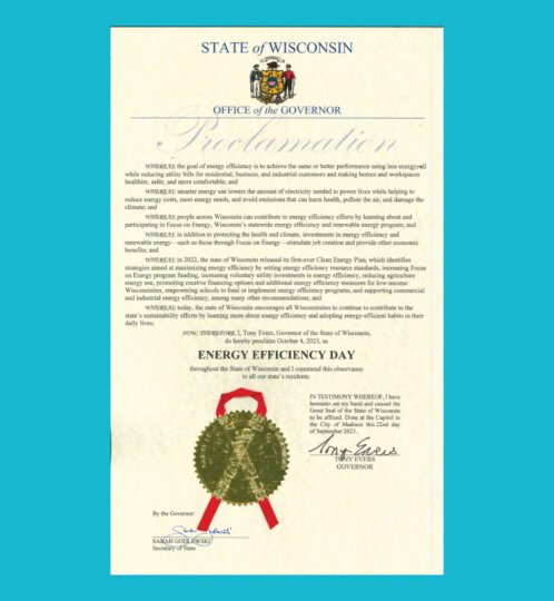 Wisconsin Office of the Governor proclamation featuring the state seal with red ribbons and the title Energy Efficiency Day.