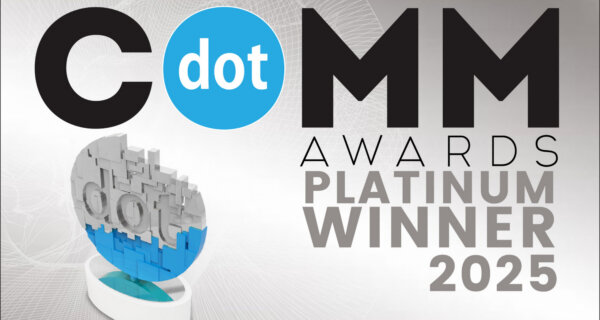 C dot MM logo featuring a blue circular "dot", a 3D globe trophy on the left, and the text "AWARDS PLATINUM WINNER 2025" in grey.