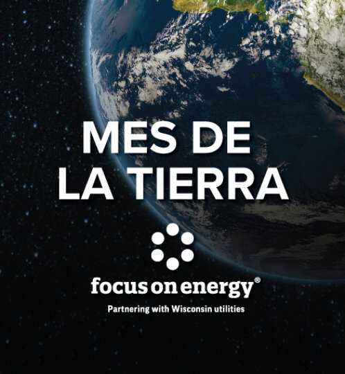 Earth visible on the right in space with a starry background; bold white text "MES DE LA TIERRA" and the "focus on energy" logo.
