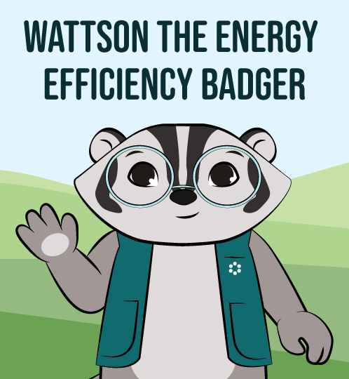 Cartoon badger named Wattson in a teal vest with round glasses, waving, against green hills and a pale blue sky.