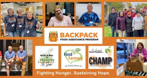 Collage for Backpack Food Assistance Program featuring volunteers in various settings around a central logo, plus sponsor logos; motto: Fighting Hunger. Sustaining Hope.