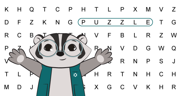 Cartoon raccoon wearing glasses and a teal vest raises its arms in front of a letter-grid word search; the word PUZZLE is circled in blue.