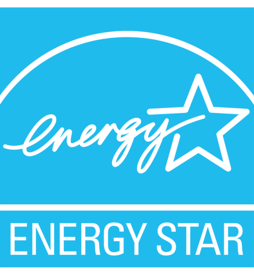 Blue Energy Star logo: white cursive 'energy' with a star to the right and a curved line above; below, 'ENERGY STAR' in white block letters on blue.