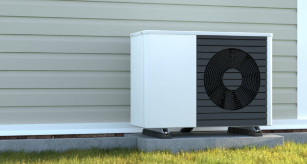 White outdoor AC condenser unit with a black circular fan grille sits on a concrete pad beside a beige siding house, with grass in the foreground.