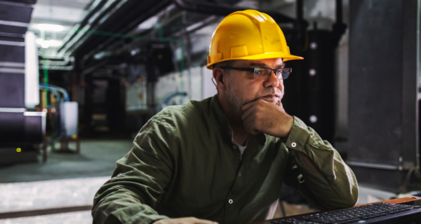 A person wearing a yellow hard hat and olive-green shirt sits at a desk with a keyboard, resting their chin on their hand in an industrial facility.