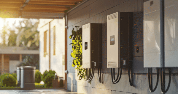 Three outdoor electrical units mounted on a wall under a covered walkway, cables looping down, with sunlit greenery and trees in the background.