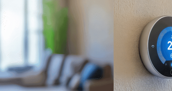 Smart thermostat with a blue circular display showing 20°, mounted on a textured beige wall, with a blurred living room and sofa in the background.