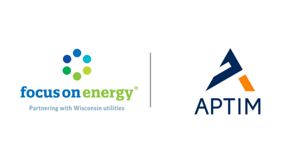 Two logos on a white background: Focus on Energy (blue and green text with a circular dot cluster) on the left, and APTIM (navy triangle with orange accent) on the right.