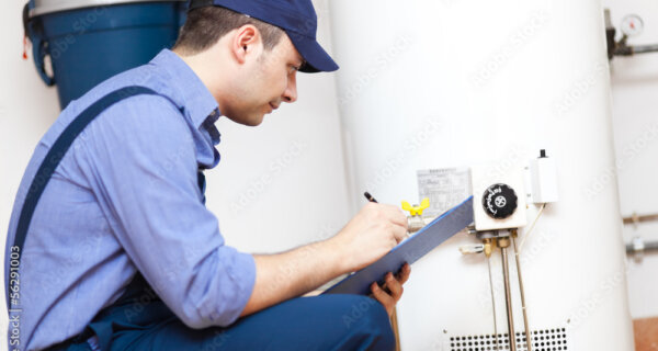Technician in a blue cap and shirt kneels beside a white boiler, writing on a clipboard in a utility room.