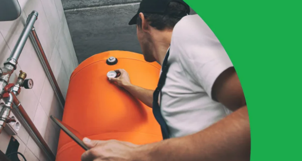 Technician in a cap works on an orange HVAC tank with a pressure gauge, framed by a green curved design; Focus on Energy logo visible at bottom.