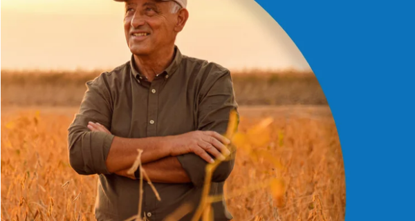 Person wearing a beige cap and brown shirt stands with arms crossed in a golden wheat field, set against a blue curved background with AGRIBUSINESS and a Focus Energy logo.