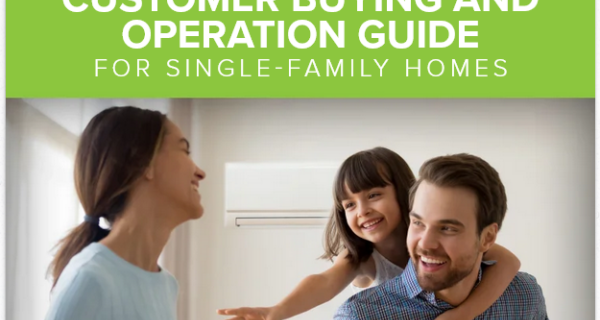 Focus on Energy brochure cover with lime banner: Electric Heat Pump Guide; photo shows a smiling adult with a child on their back indoors.